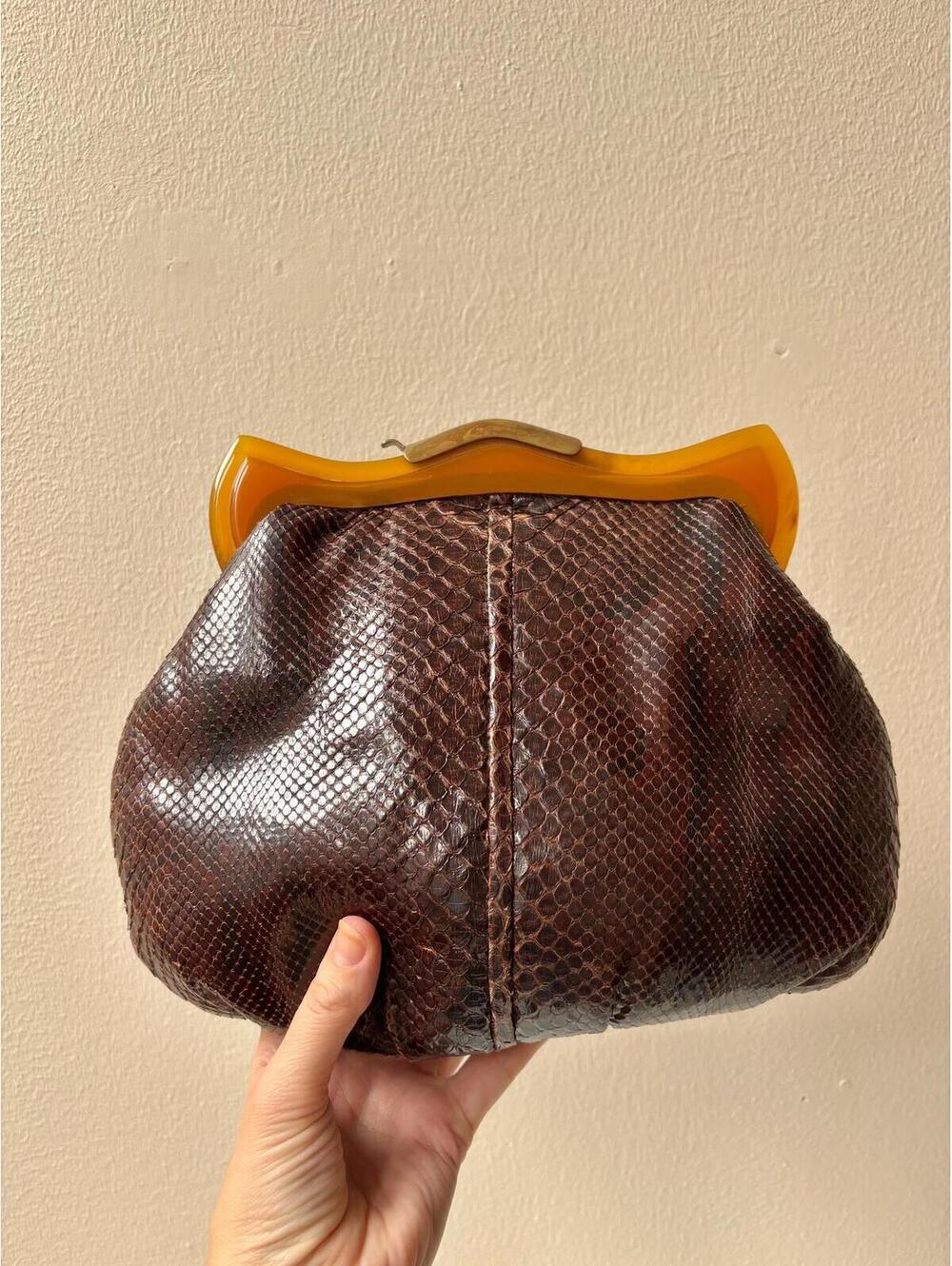 Vintage 1950s Jacomo Paris Brown Snakeskin Lucite Handle Clutch